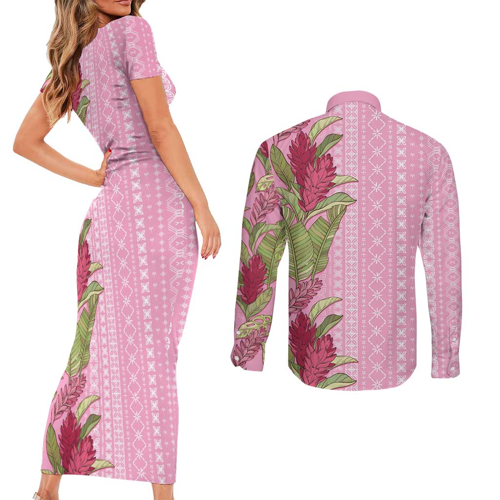 Women's Day Samoa Malu Tattoo Inspired Mix Teuila Couples Matching Short Sleeve Bodycon Dress and Long Sleeve Button Shirt Rose Pink