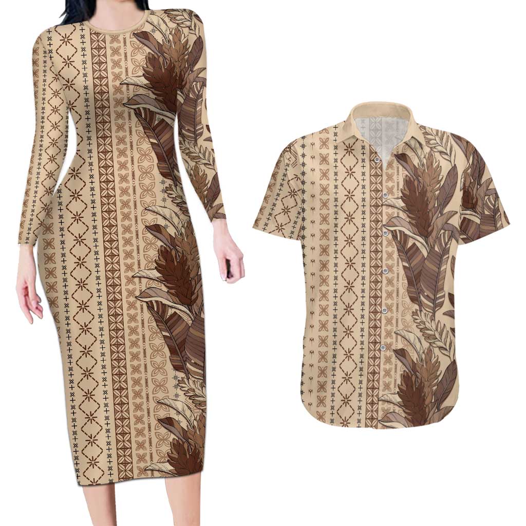 Women's Day Samoa Malu Tattoo Inspired Mix Teuila Couples Matching Long Sleeve Bodycon Dress and Hawaiian Shirt Vintage Tapa LT7 Beige - Polynesian Pride