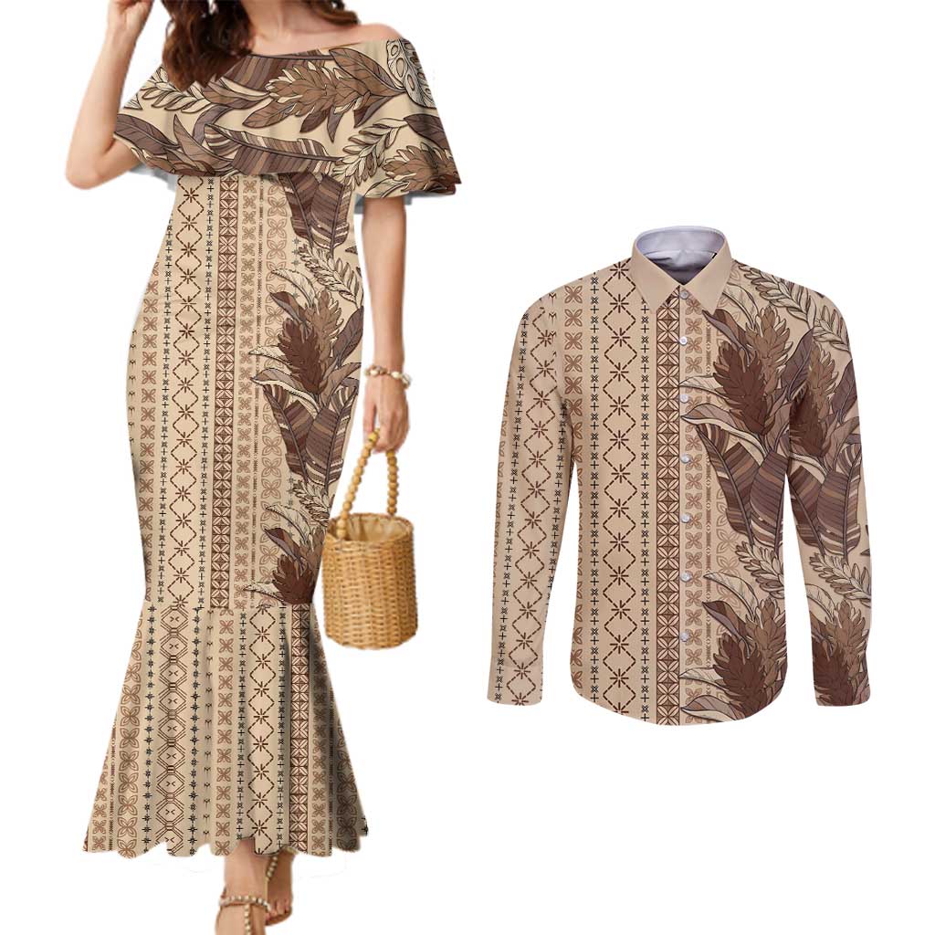 Women's Day Samoa Malu Tattoo Inspired Mix Teuila Couples Matching Mermaid Dress and Long Sleeve Button Shirt Vintage Tapa LT7 Beige - Polynesian Pride
