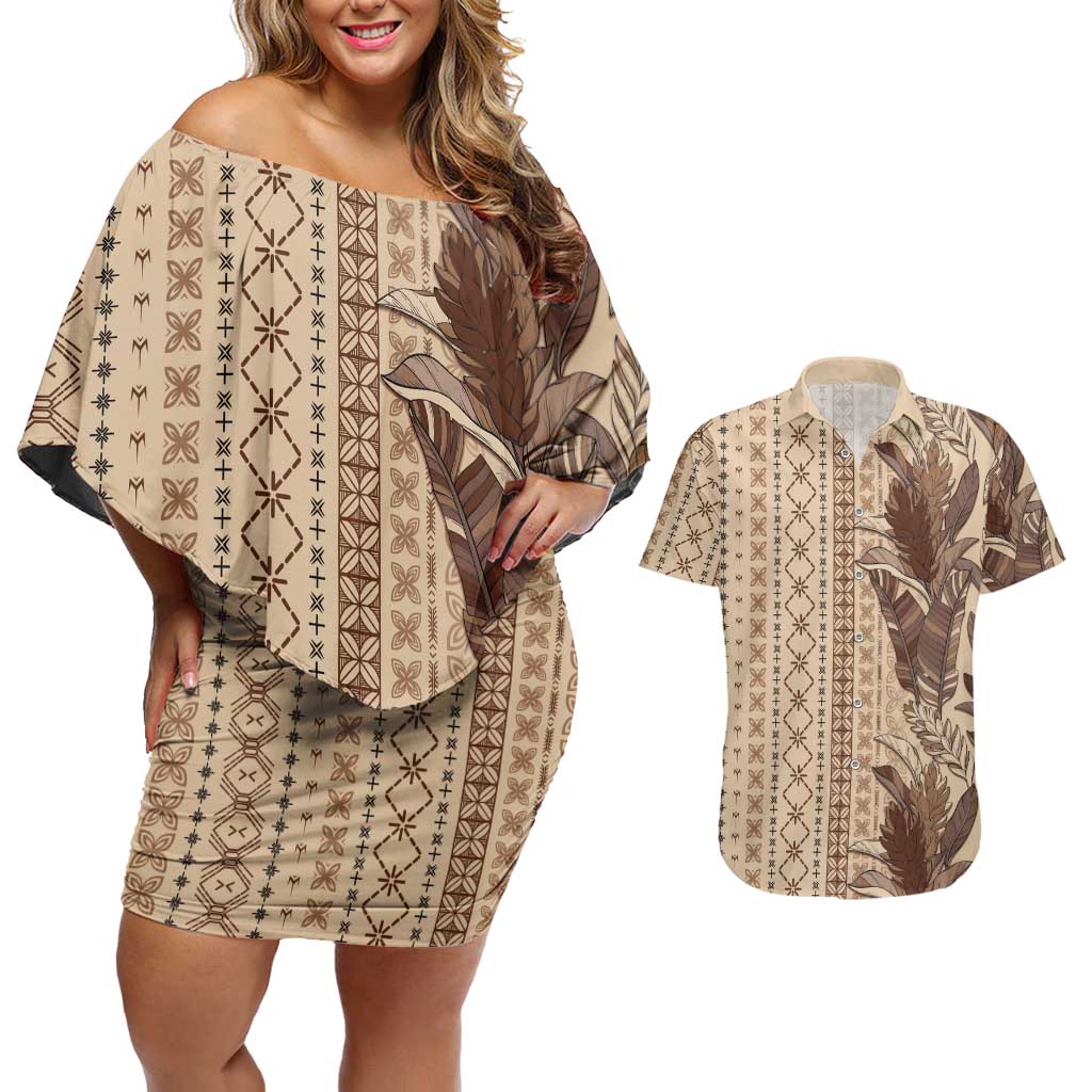 Women's Day Samoa Malu Tattoo Inspired Mix Teuila Couples Matching Off Shoulder Short Dress and Hawaiian Shirt Vintage Tapa LT7 Beige - Polynesian Pride