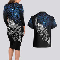 Maori Matariki Couples Matching Long Sleeve Bodycon Dress and Hawaiian Shirt Landscape Styled Fern - Galaxy