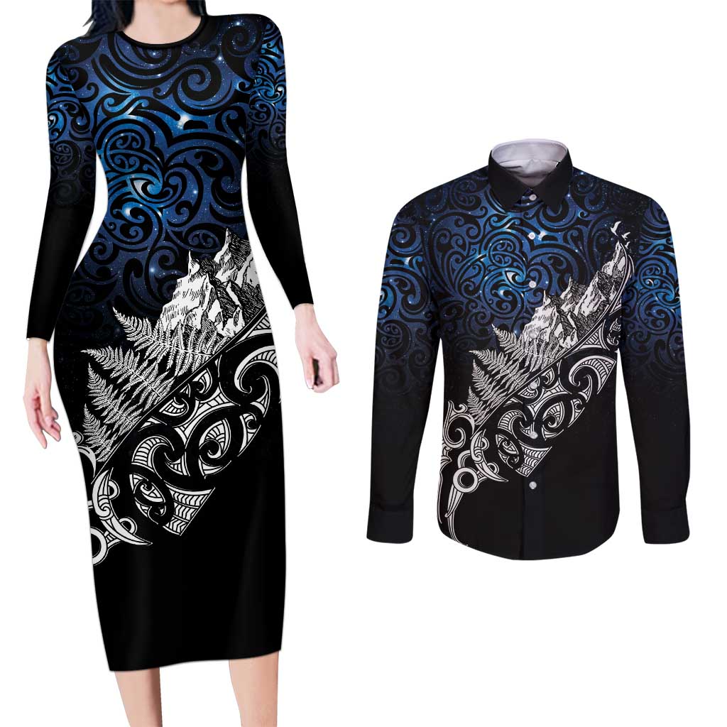 Maori Matariki Couples Matching Long Sleeve Bodycon Dress and Long Sleeve Button Shirt Landscape Styled Fern - Galaxy