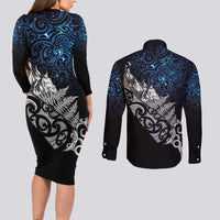 Maori Matariki Couples Matching Long Sleeve Bodycon Dress and Long Sleeve Button Shirt Landscape Styled Fern - Galaxy