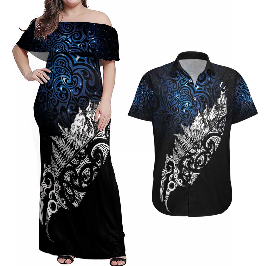 Maori Matariki Couples Matching Off Shoulder Maxi Dress and Hawaiian Shirt Landscape Styled Fern - Galaxy