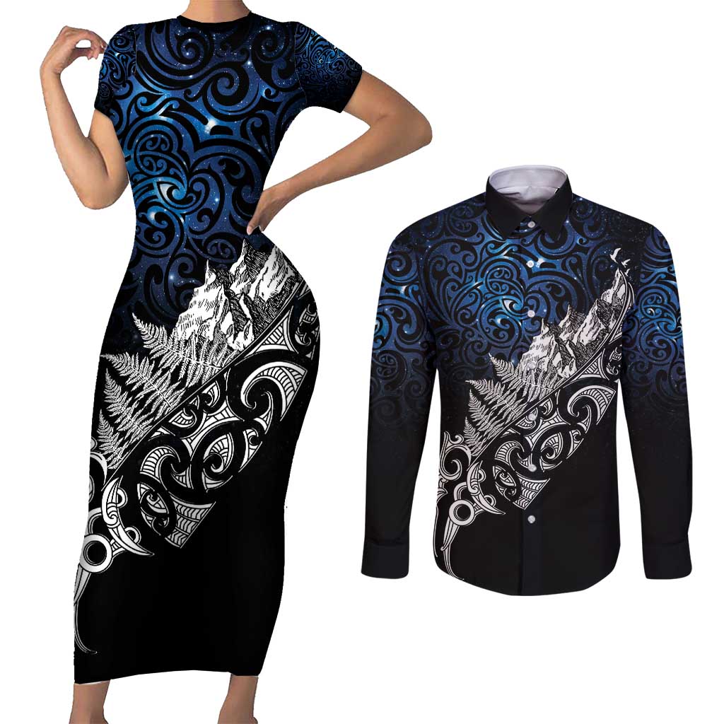Maori Matariki Couples Matching Short Sleeve Bodycon Dress and Long Sleeve Button Shirt Landscape Styled Fern - Galaxy