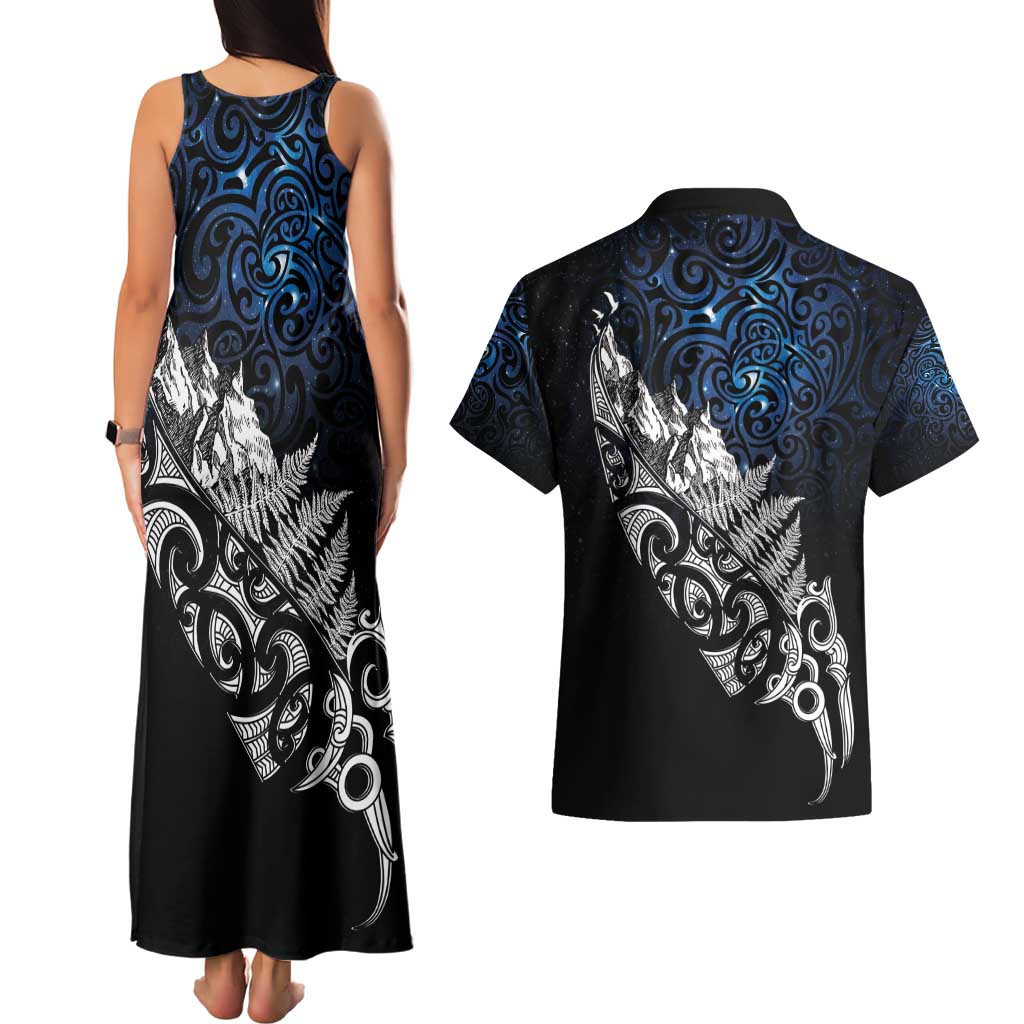 Maori Matariki Couples Matching Tank Maxi Dress and Hawaiian Shirt Landscape Styled Fern - Galaxy