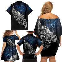 Maori Matariki Family Matching Off Shoulder Short Dress and Hawaiian Shirt Landscape Styled Fern - Galaxy