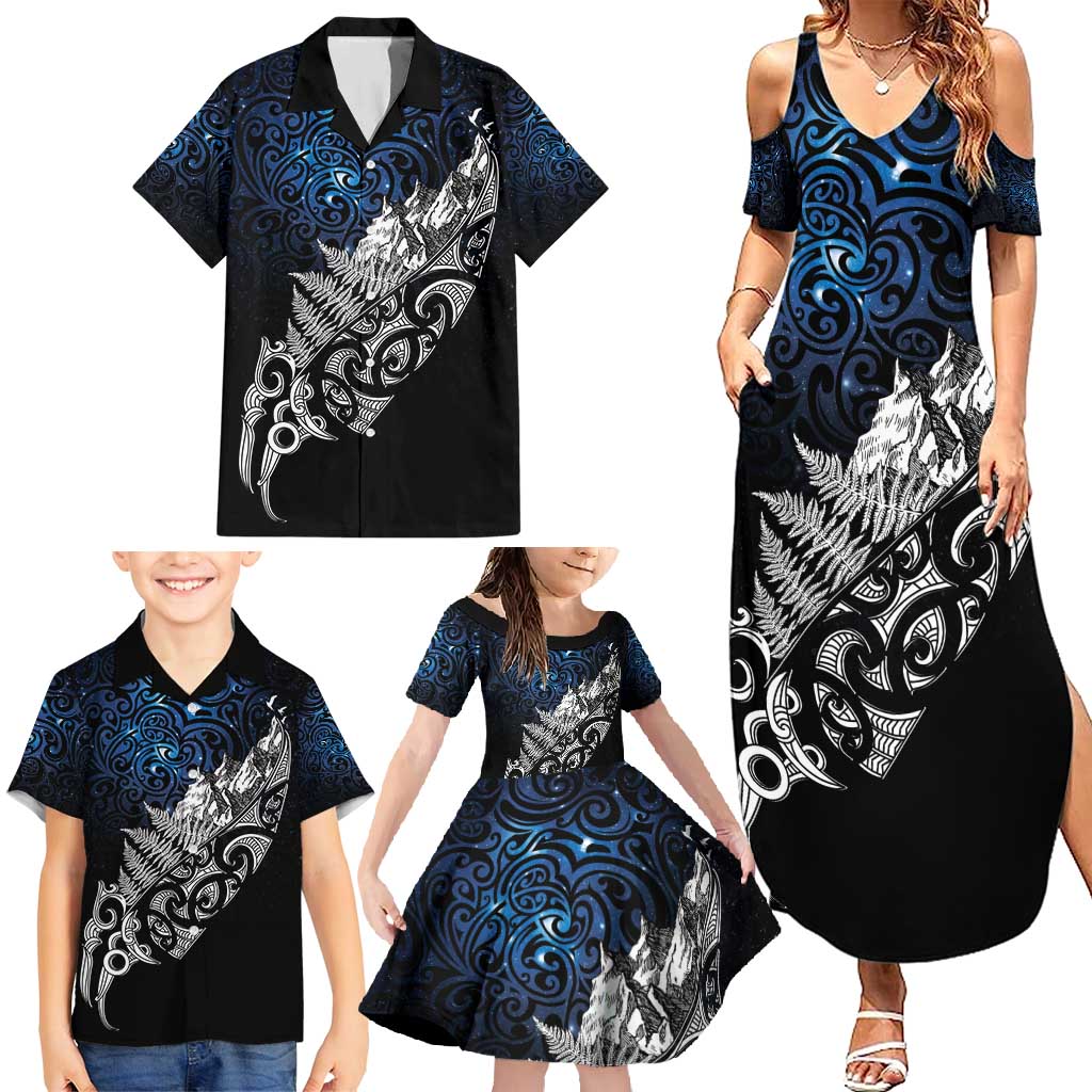 Maori Matariki Family Matching Summer Maxi Dress and Hawaiian Shirt Landscape Styled Fern - Galaxy