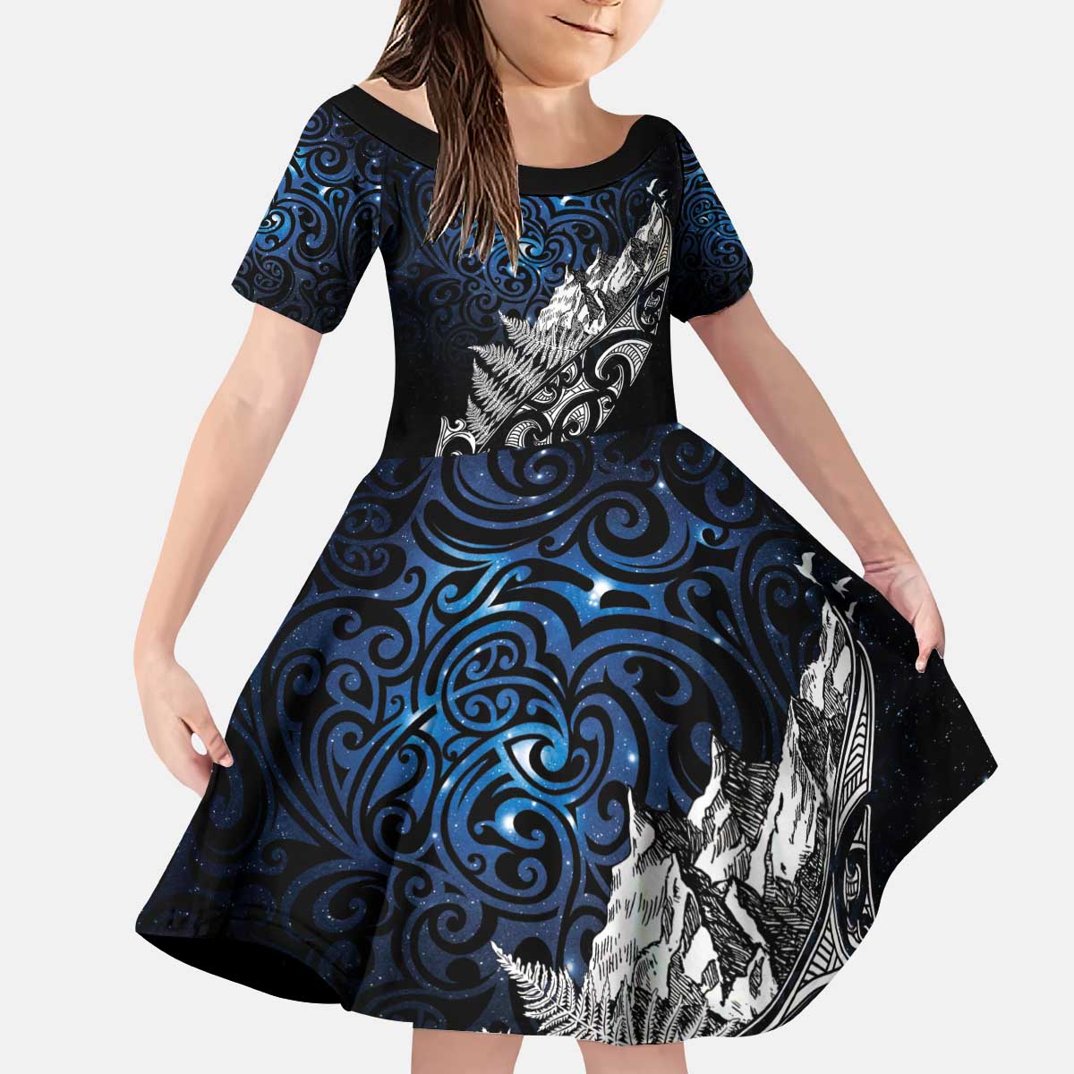 Maori Matariki Kid Short Sleeve Dress Landscape Styled Fern - Galaxy
