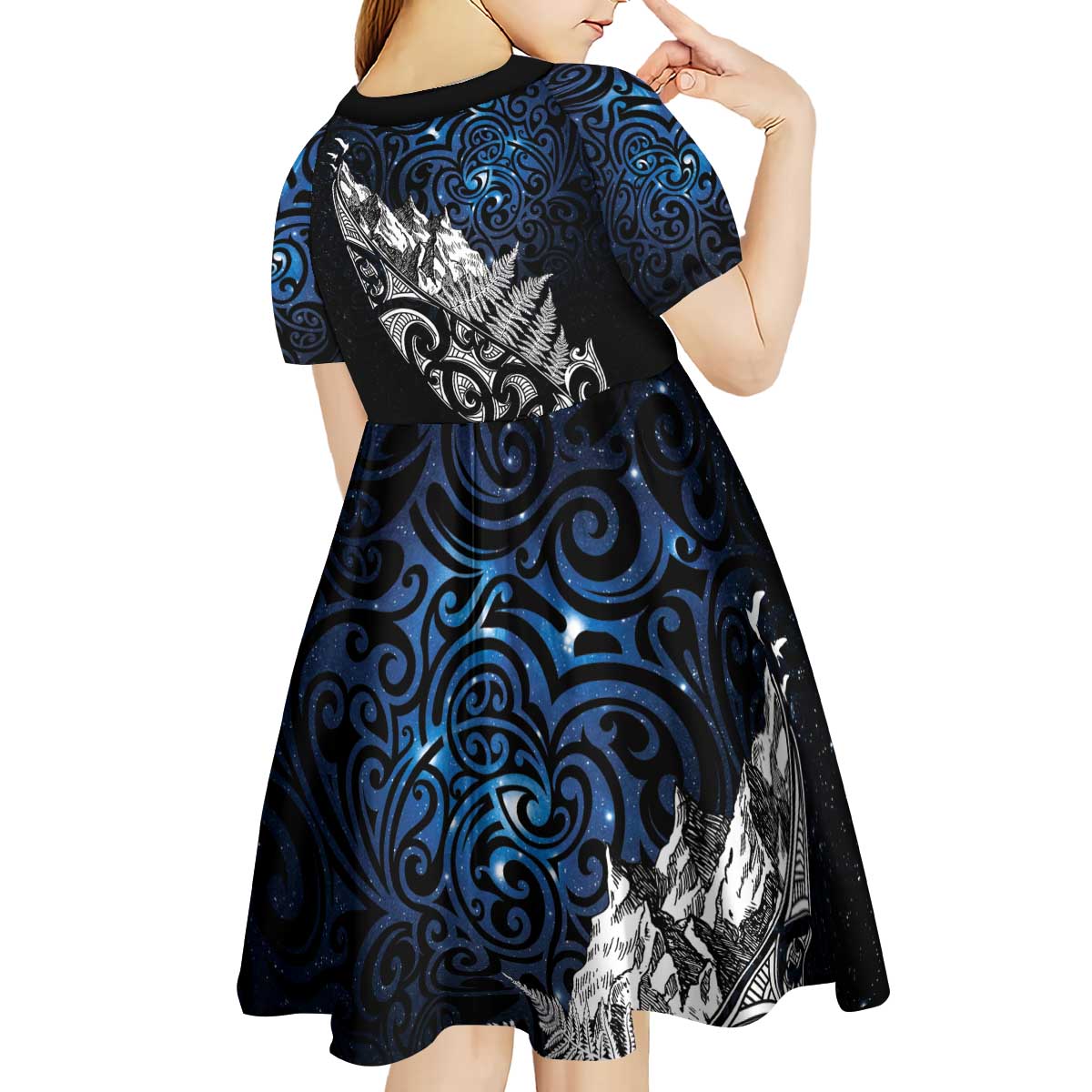Maori Matariki Kid Short Sleeve Dress Landscape Styled Fern - Galaxy
