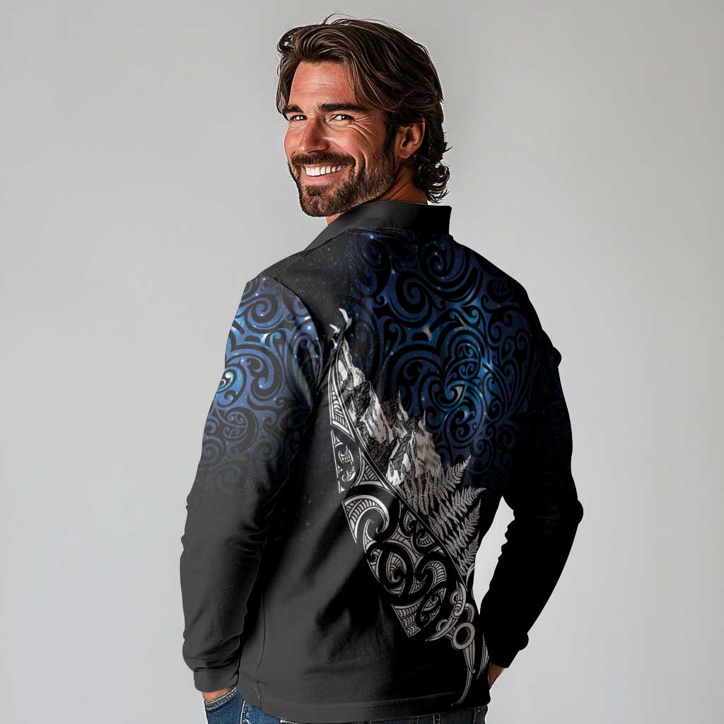Maori Matariki Long Sleeve Polo Shirt Landscape Styled Fern - Galaxy
