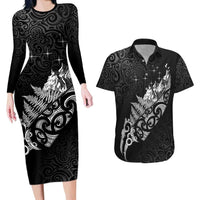 Maori Matariki Couples Matching Long Sleeve Bodycon Dress and Hawaiian Shirt Landscape Styled Fern - Monochrome