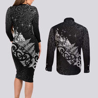 Maori Matariki Couples Matching Long Sleeve Bodycon Dress and Long Sleeve Button Shirt Landscape Styled Fern - Monochrome