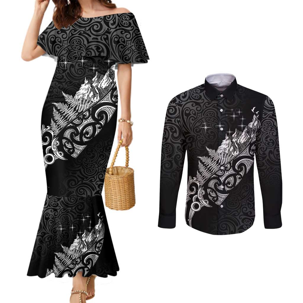 Maori Matariki Couples Matching Mermaid Dress and Long Sleeve Button Shirt Landscape Styled Fern - Monochrome