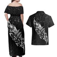 Maori Matariki Couples Matching Off Shoulder Maxi Dress and Hawaiian Shirt Landscape Styled Fern - Monochrome