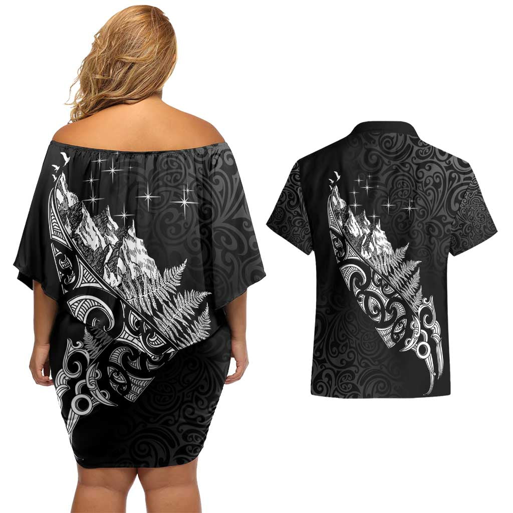Maori Matariki Couples Matching Off Shoulder Short Dress and Hawaiian Shirt Landscape Styled Fern - Monochrome