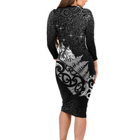 Maori Matariki Family Matching Long Sleeve Bodycon Dress and Hawaiian Shirt Landscape Styled Fern - Monochrome