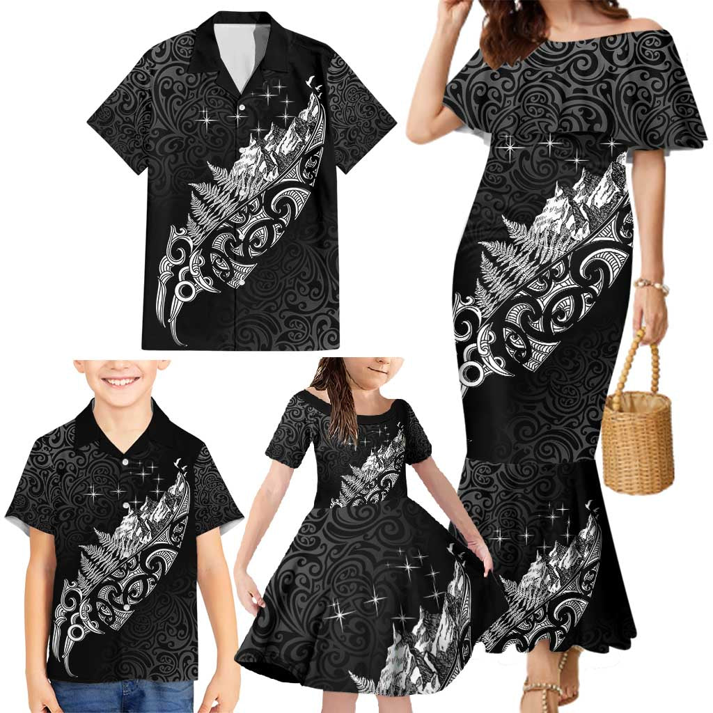Maori Matariki Family Matching Mermaid Dress and Hawaiian Shirt Landscape Styled Fern - Monochrome