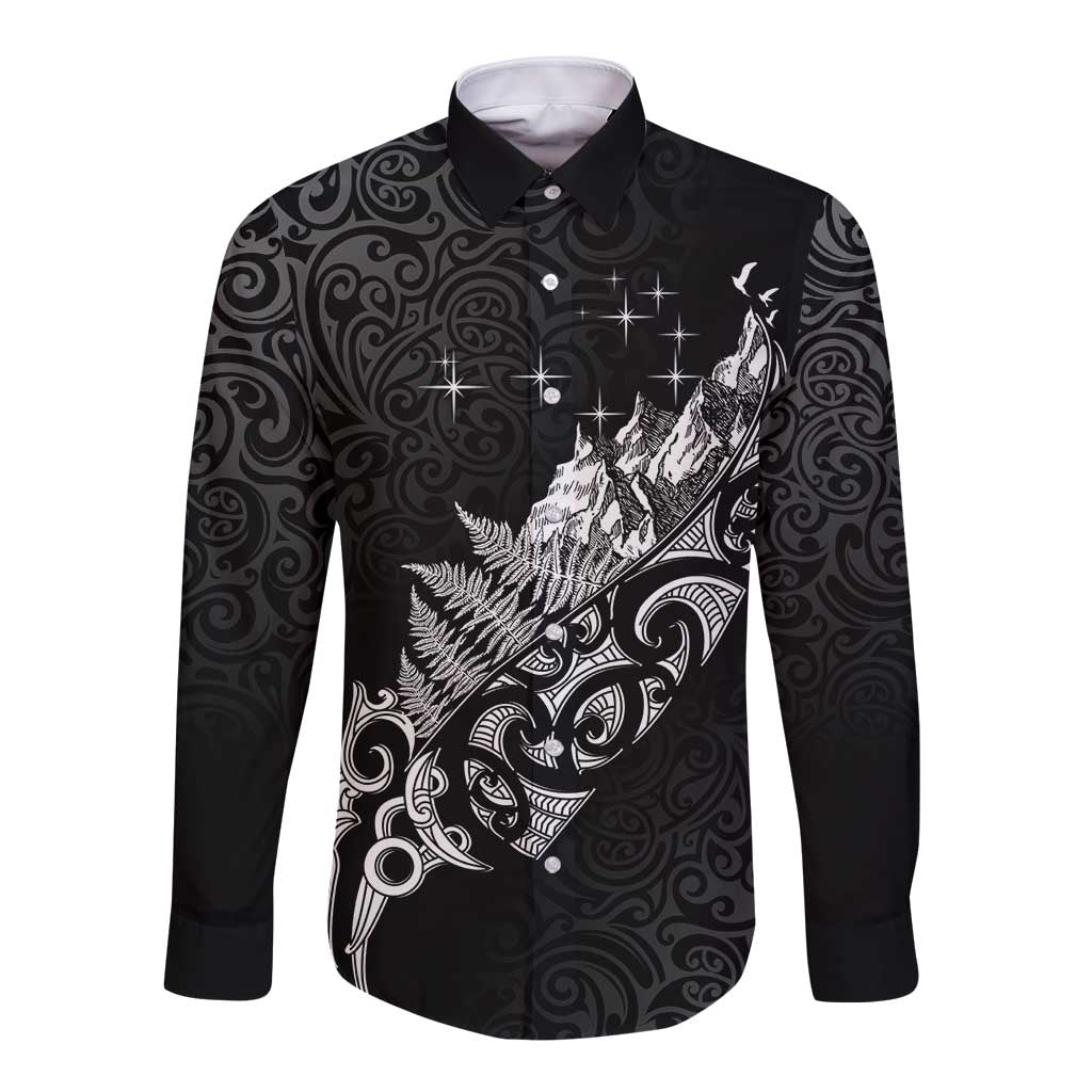 Maori Matariki Long Sleeve Button Shirt Landscape Styled Fern - Monochrome