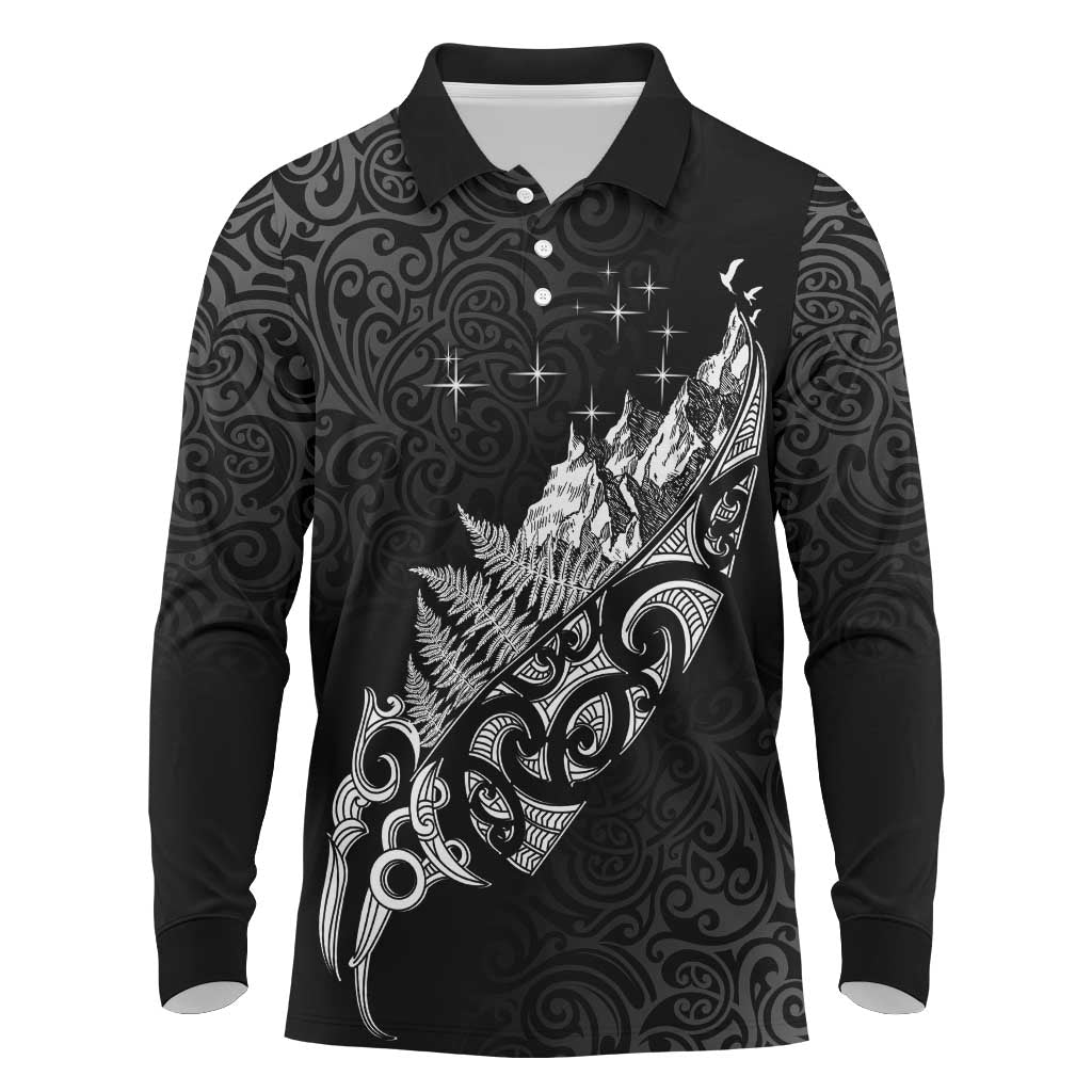 Maori Matariki Long Sleeve Polo Shirt Landscape Styled Fern - Monochrome