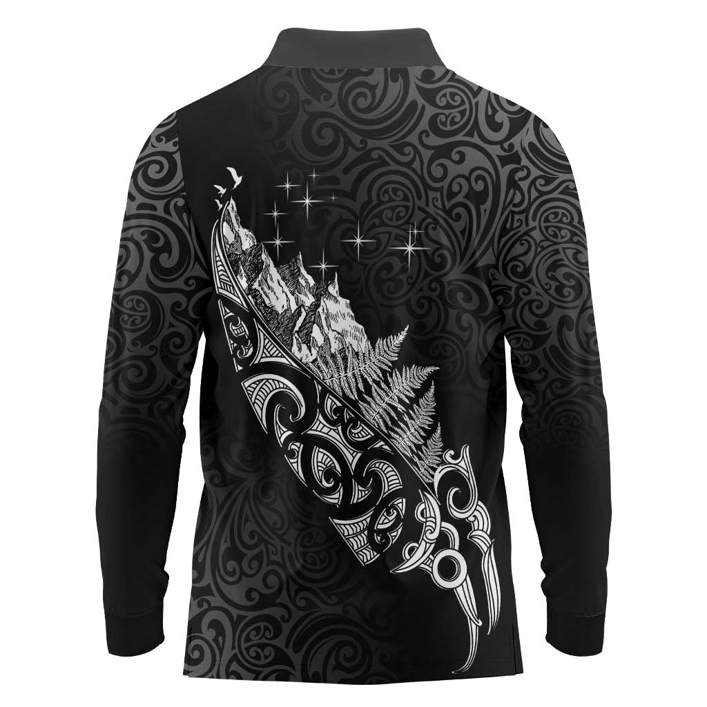 Maori Matariki Long Sleeve Polo Shirt Landscape Styled Fern - Monochrome