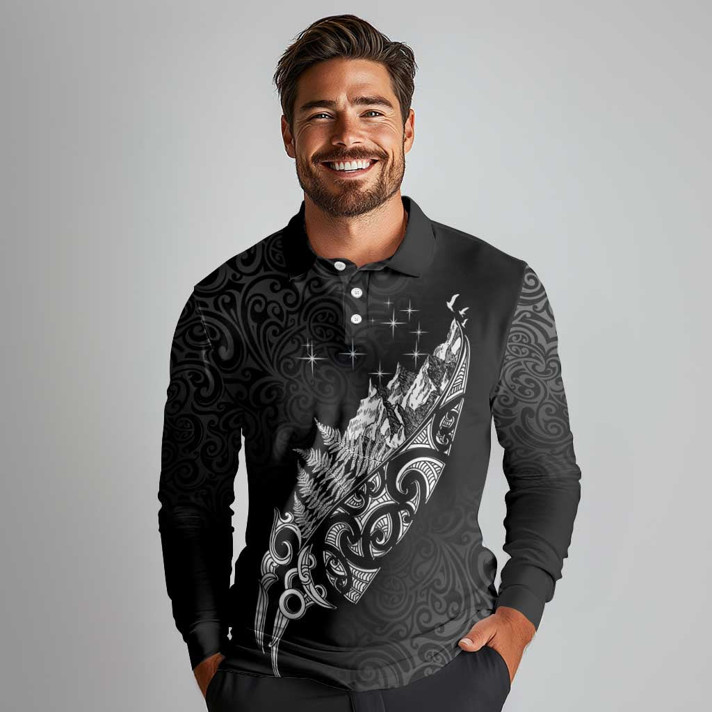 Maori Matariki Long Sleeve Polo Shirt Landscape Styled Fern - Monochrome