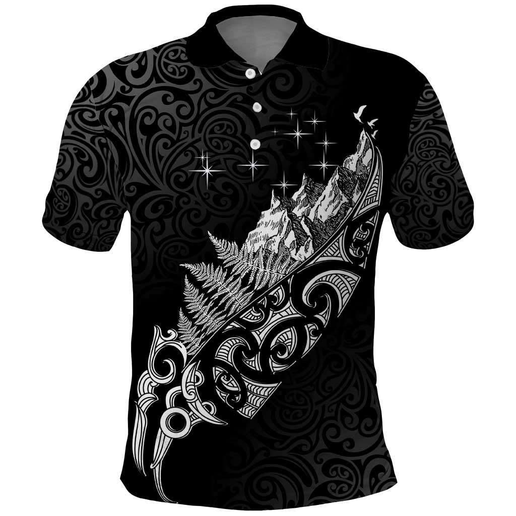 Maori Matariki Polo Shirt Landscape Styled Fern - Monochrome LT7 Black - Polynesian Pride