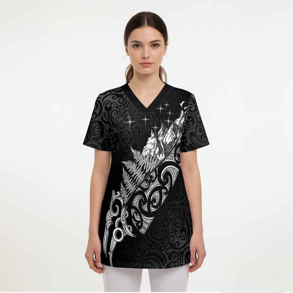 Maori Matariki Scrub Top Landscape Styled Fern - Monochrome - Polynesian Pride
