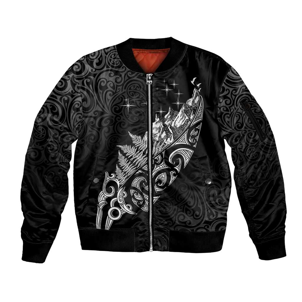 Maori Matariki Sleeve Zip Bomber Jacket Landscape Styled Fern - Monochrome