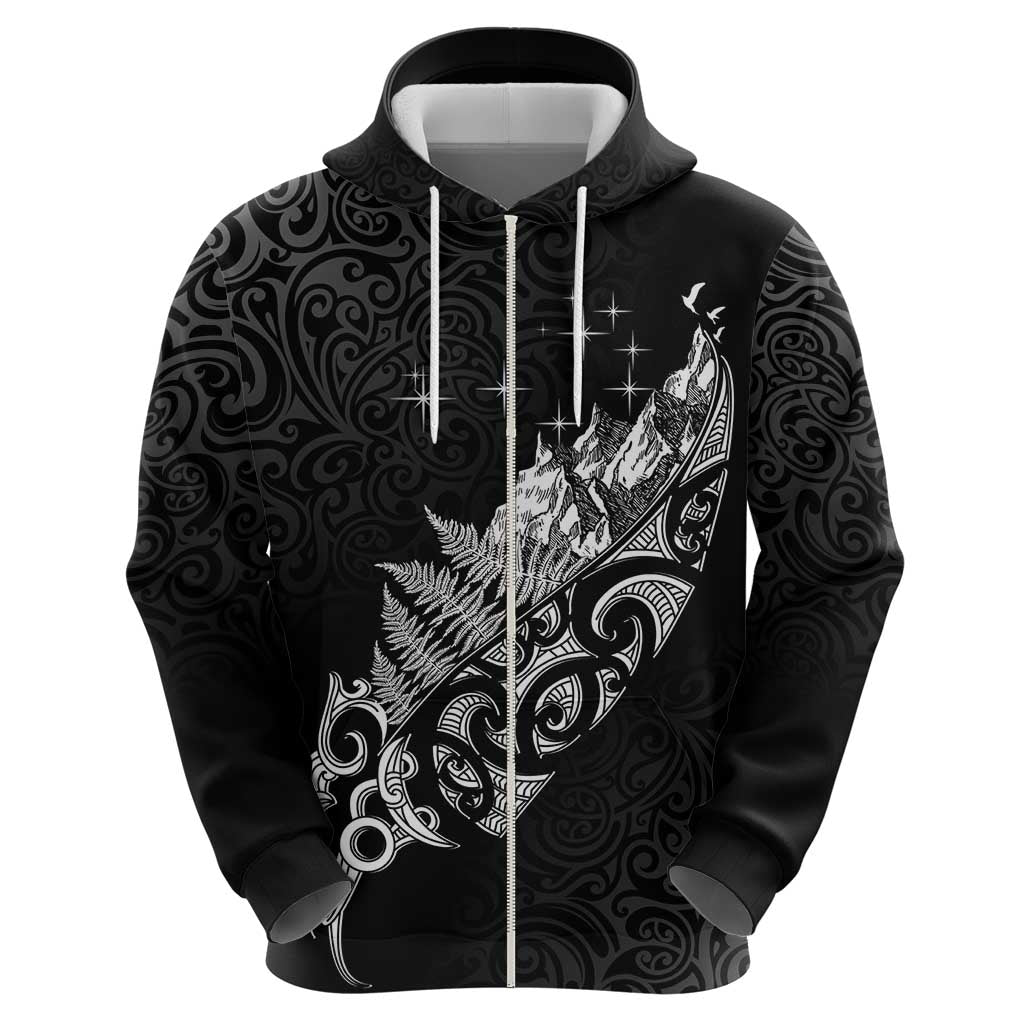 Maori Matariki Zip Hoodie Landscape Styled Fern - Monochrome