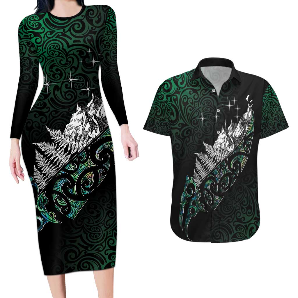 Maori Matariki Couples Matching Long Sleeve Bodycon Dress and Hawaiian Shirt Landscape Styled Fern - Paua Shell