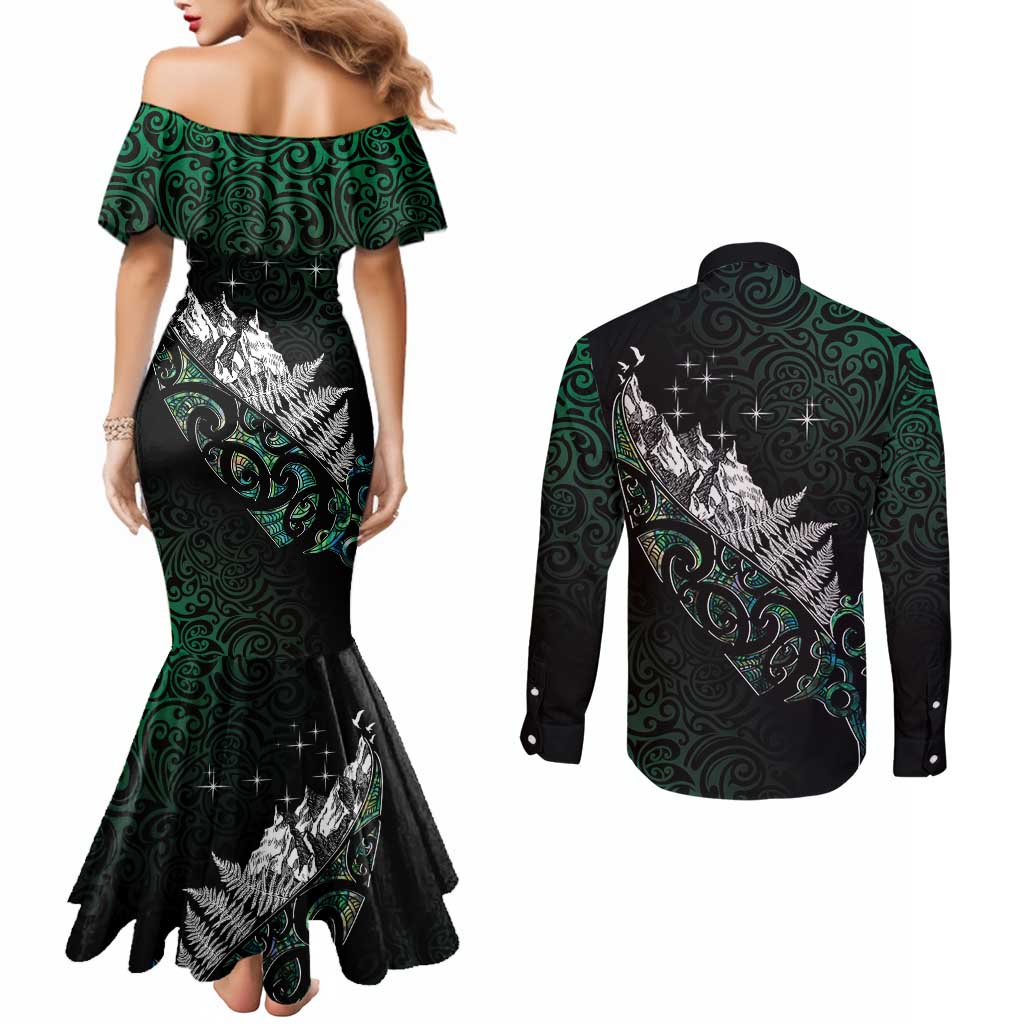 Maori Matariki Couples Matching Mermaid Dress and Long Sleeve Button Shirt Landscape Styled Fern - Paua Shell