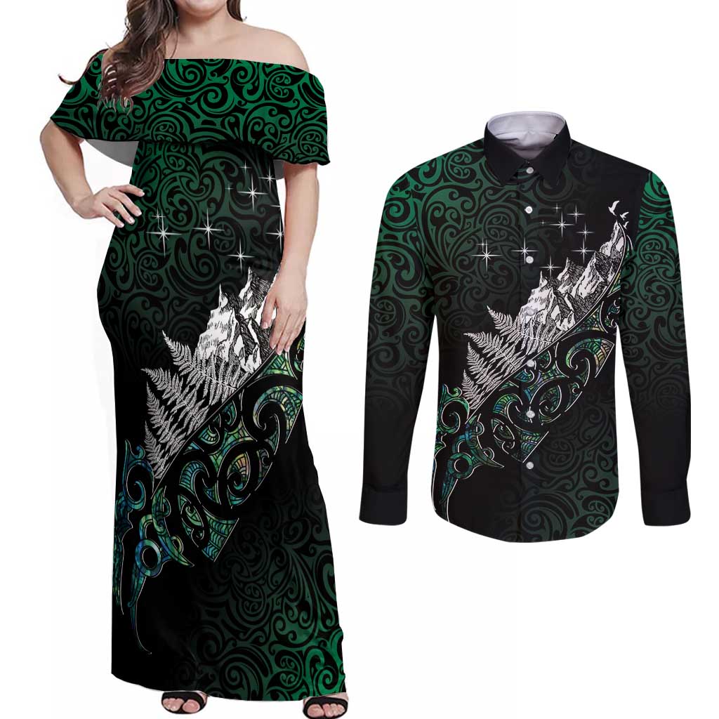 Maori Matariki Couples Matching Off Shoulder Maxi Dress and Long Sleeve Button Shirt Landscape Styled Fern - Paua Shell