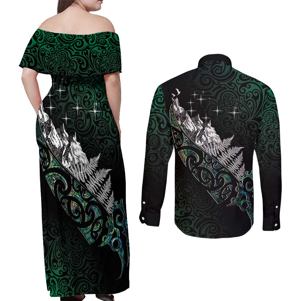 Maori Matariki Couples Matching Off Shoulder Maxi Dress and Long Sleeve Button Shirt Landscape Styled Fern - Paua Shell