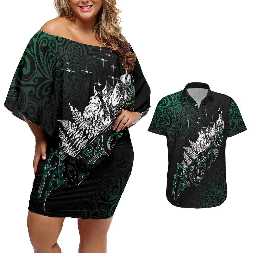 Maori Matariki Couples Matching Off Shoulder Short Dress and Hawaiian Shirt Landscape Styled Fern - Paua Shell