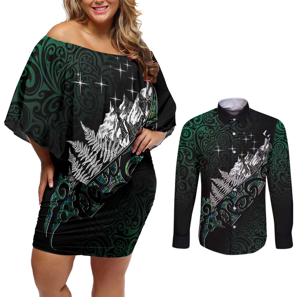 Maori Matariki Couples Matching Off Shoulder Short Dress and Long Sleeve Button Shirt Landscape Styled Fern - Paua Shell