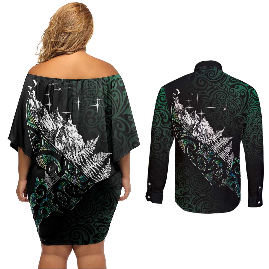 Maori Matariki Couples Matching Off Shoulder Short Dress and Long Sleeve Button Shirt Landscape Styled Fern - Paua Shell