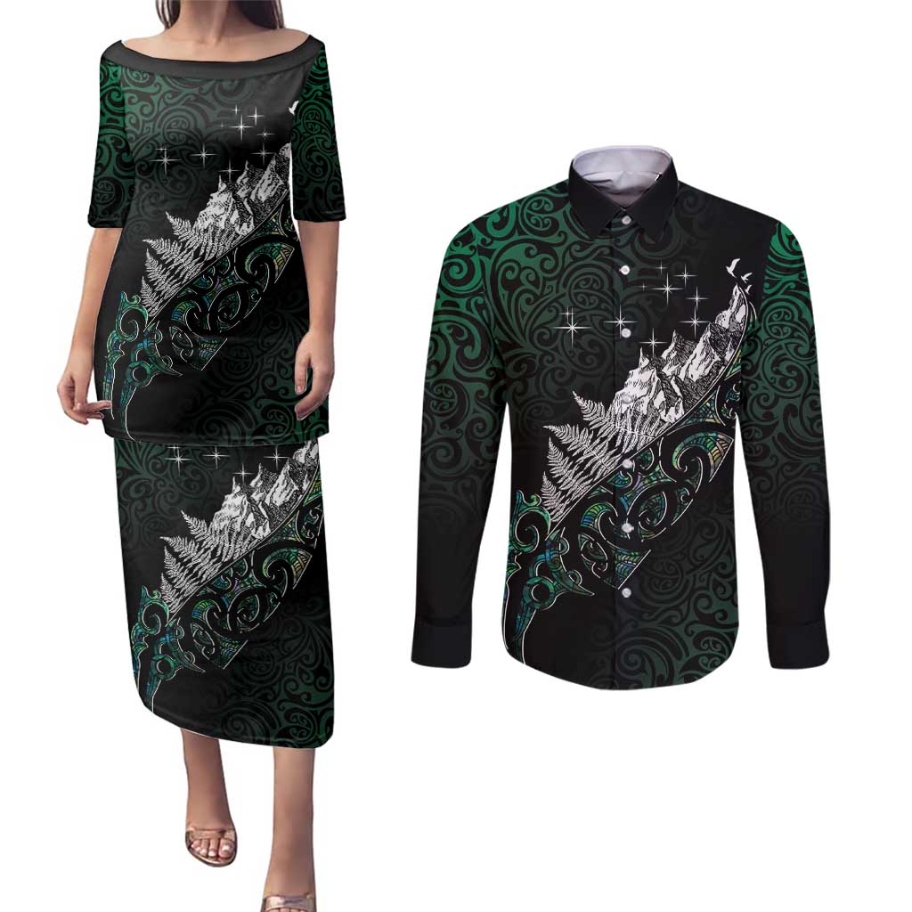 Maori Matariki Couples Matching Puletasi and Long Sleeve Button Shirt Landscape Styled Fern - Paua Shell