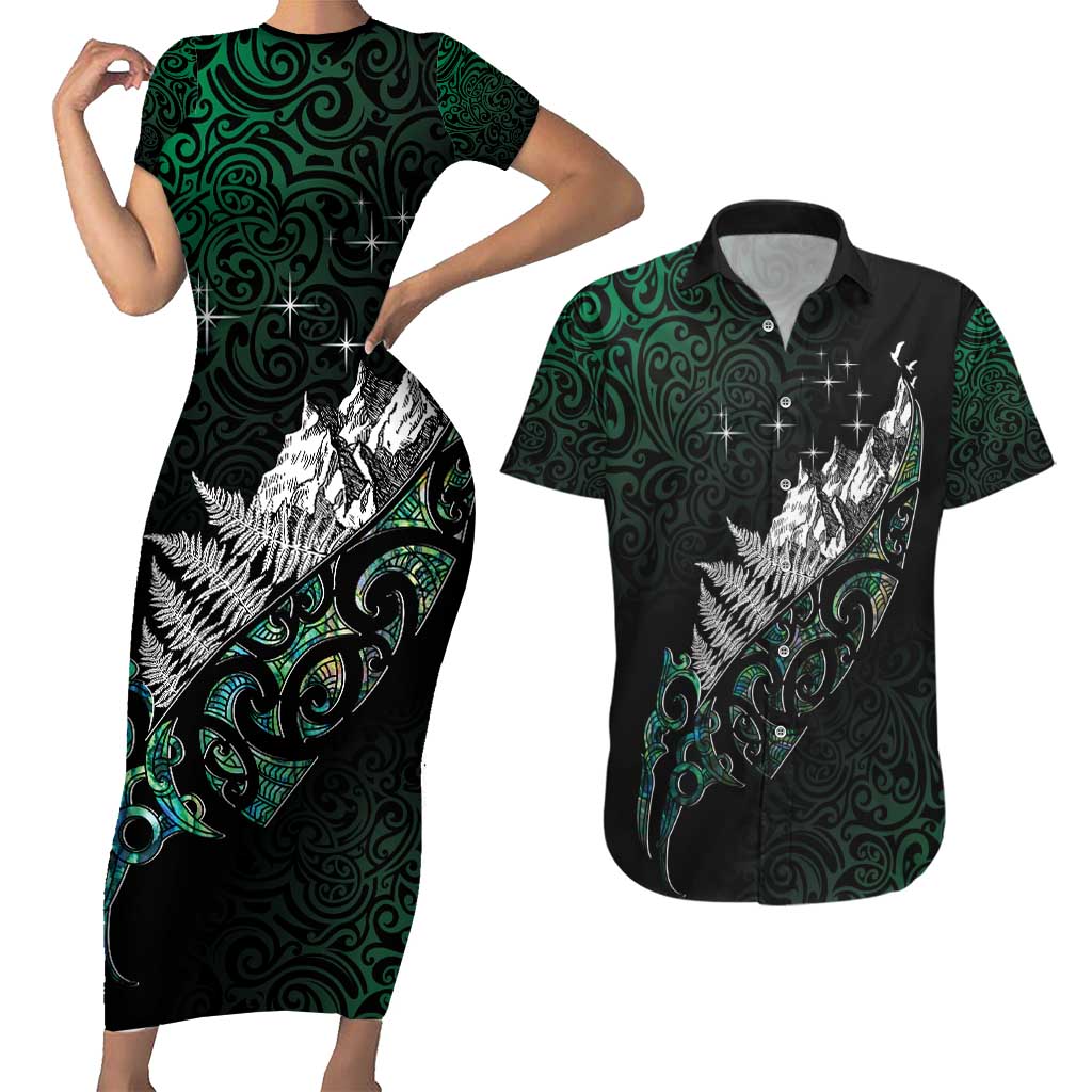 Maori Matariki Couples Matching Short Sleeve Bodycon Dress and Hawaiian Shirt Landscape Styled Fern - Paua Shell