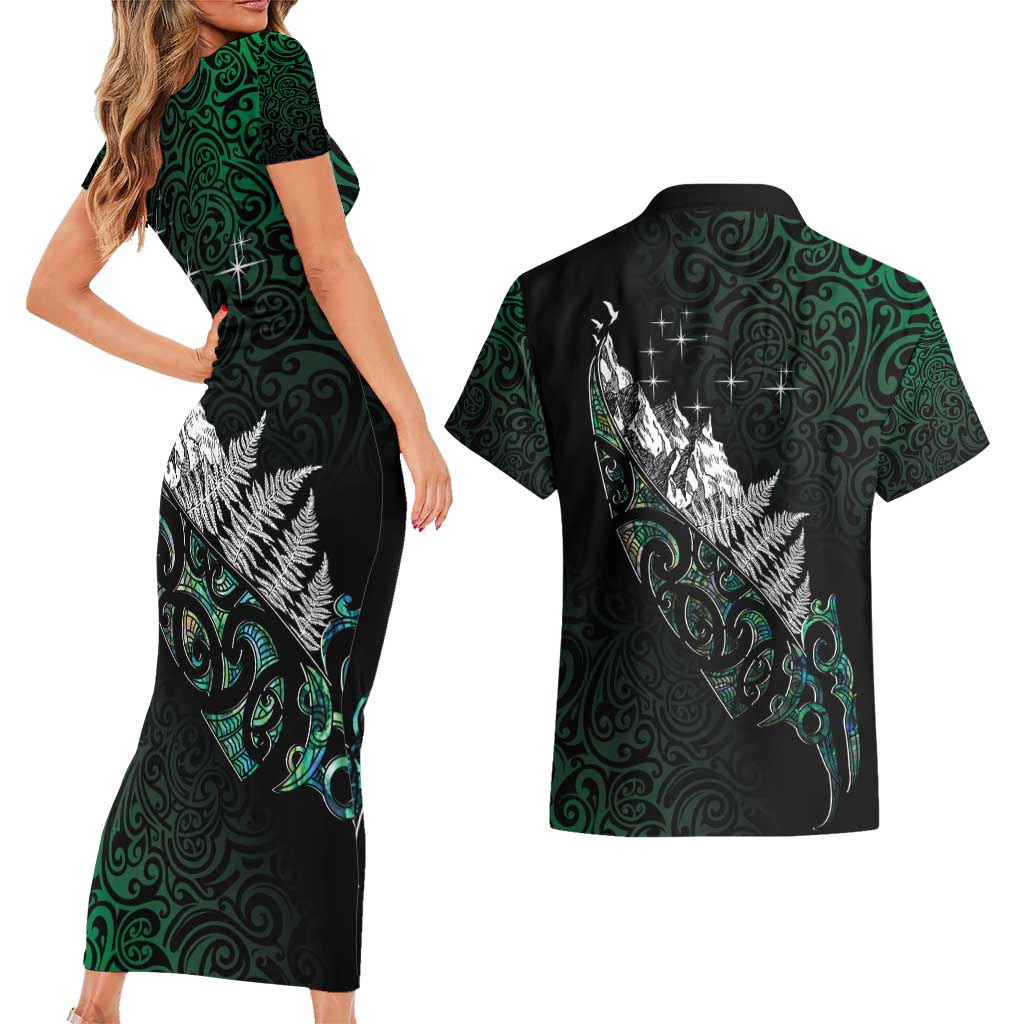 Maori Matariki Couples Matching Short Sleeve Bodycon Dress and Hawaiian Shirt Landscape Styled Fern - Paua Shell