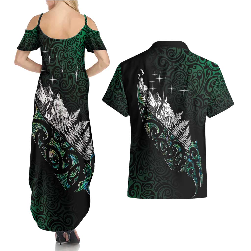 Maori Matariki Couples Matching Summer Maxi Dress and Hawaiian Shirt Landscape Styled Fern - Paua Shell