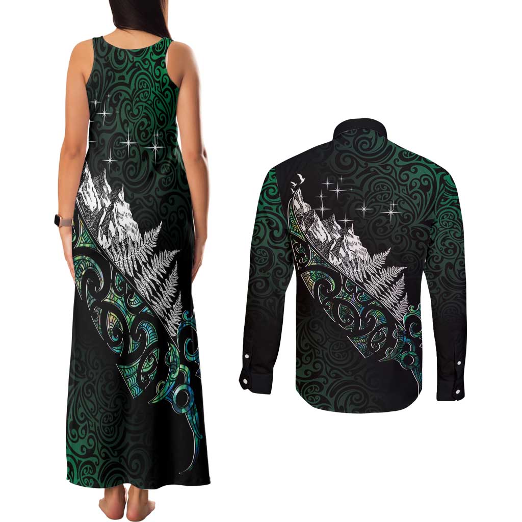Maori Matariki Couples Matching Tank Maxi Dress and Long Sleeve Button Shirt Landscape Styled Fern - Paua Shell
