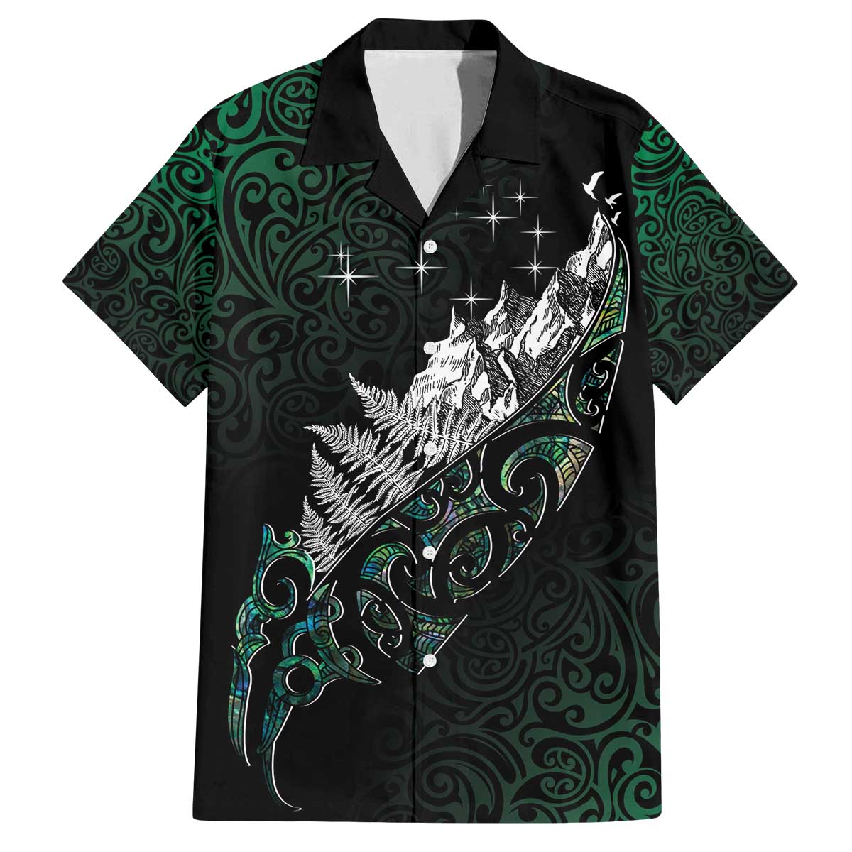 Maori Matariki Family Matching Off The Shoulder Long Sleeve Dress and Hawaiian Shirt Landscape Styled Fern - Paua Shell