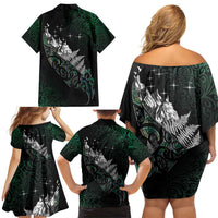 Maori Matariki Family Matching Off Shoulder Short Dress and Hawaiian Shirt Landscape Styled Fern - Paua Shell