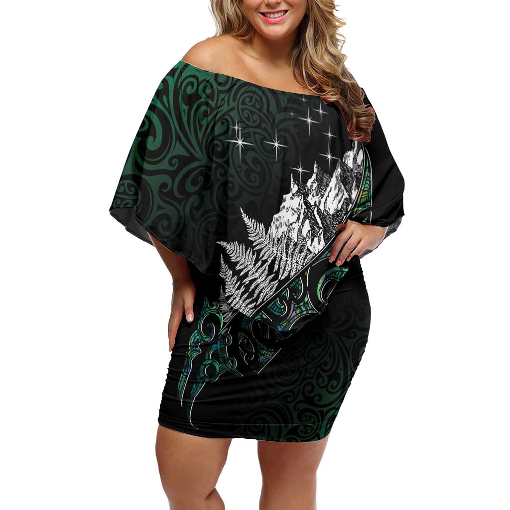 Maori Matariki Family Matching Off Shoulder Short Dress and Hawaiian Shirt Landscape Styled Fern - Paua Shell