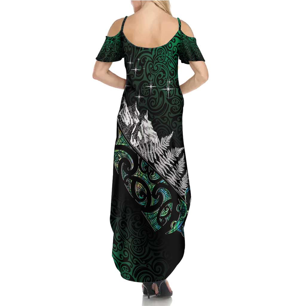 Maori Matariki Family Matching Summer Maxi Dress and Hawaiian Shirt Landscape Styled Fern - Paua Shell