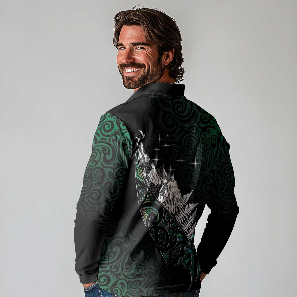 Maori Matariki Long Sleeve Polo Shirt Landscape Styled Fern - Paua Shell