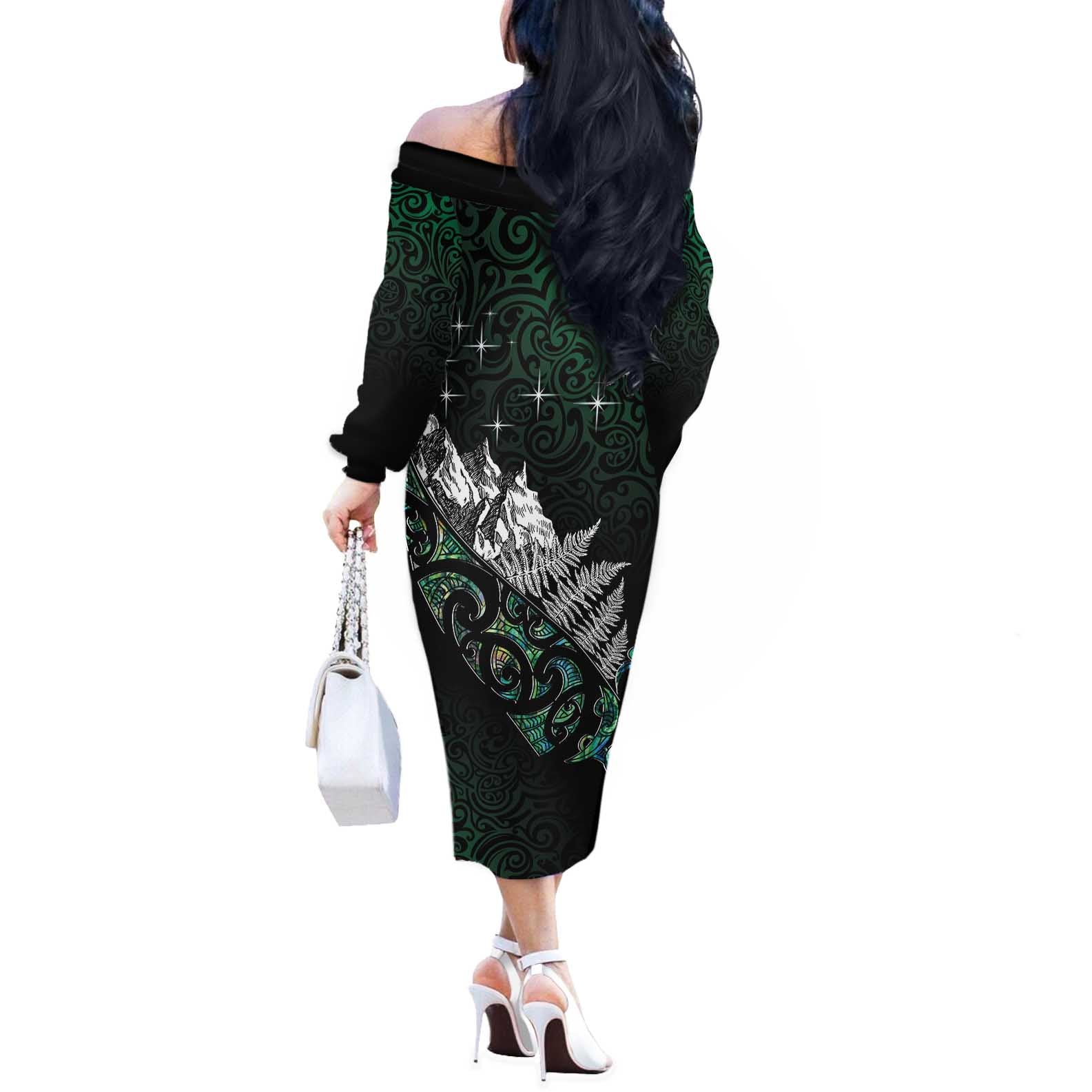 Maori Matariki Off The Shoulder Long Sleeve Dress Landscape Styled Fern - Paua Shell LT7 - Polynesian Pride