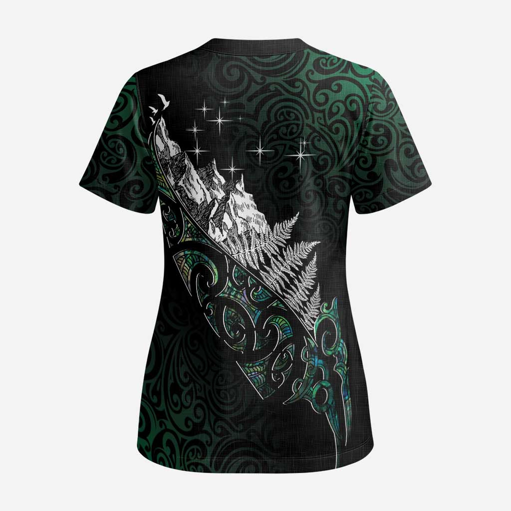 Maori Matariki Scrub Top Landscape Styled Fern - Paua Shell - Polynesian Pride
