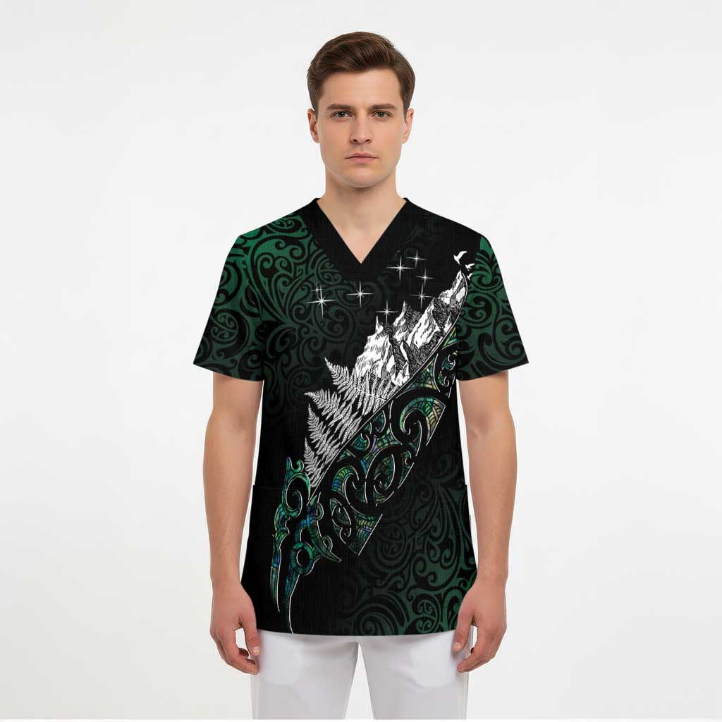 Maori Matariki Scrub Top Landscape Styled Fern - Paua Shell - Polynesian Pride